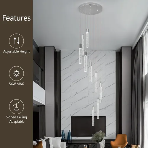 Miniatura 2 de Lámpara colgante de cristal cromado, 9 luces, regulable, 54 W, 6000 K, escalera, grande, vestíbulo, sala de estar, vestíbulo, techo alto