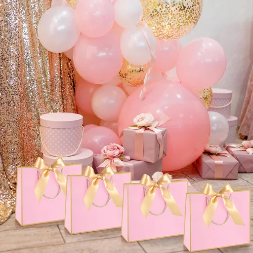 Miniatura 5 de Silkfly 12 bolsas de regalo con asas para dama de honor, 12 x 10 x 4 pulgadas, elegantes bolsas de regalo de bienvenida de boda con lazo para Rosa