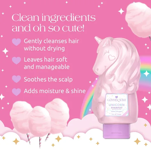 Miniatura 3 de Glimmer Wish Unicorn Kids Champú sin parabenos ni sulfatos para cabello suave y manejable, cuidado del cabello de los niños, aroma de algodón