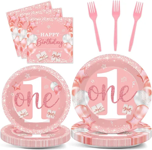 96 piezas de suministros de primera fiesta para niña, platos de papel rosa de un año, decoración de primer cumpleaños, color rosa, desechable, juego