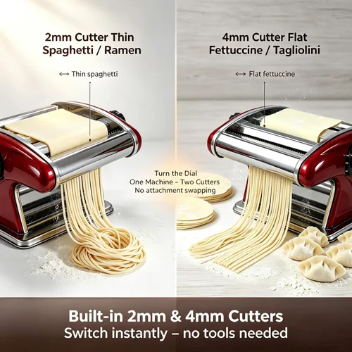 Miniatura 2 de Máquina manual de pasta, máquina de fideos de acero inoxidable 2 en 1 con cortadores integrados de 0.079 in y 0.157 in, grosor ajustable de 0.3 a