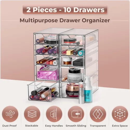 Miniatura 5 de Sorbus Organizador de maquillaje con 10 cajones, organizador de cajones de acrílico para maquillaje, organización y almacenamiento de oficina