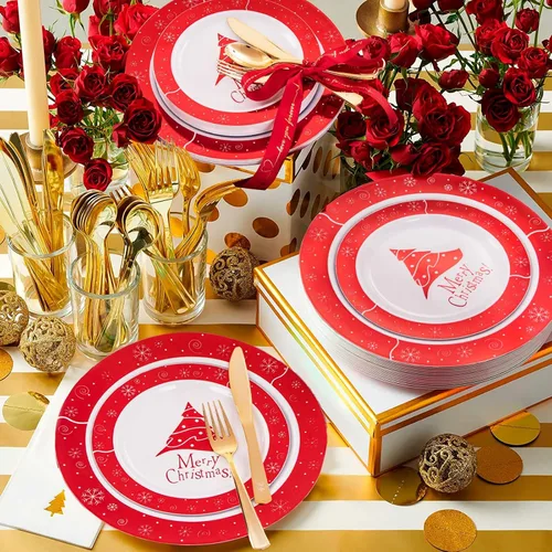 Miniatura 3 de Rubtlamp 125 piezas de platos de plástico de Navidad, platos rojos de plástico con árbol de Navidad nevado, vajilla desechable de Navidad incluye 25