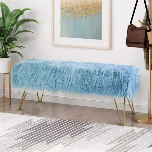 Banco otomano de piel sintética de felpa suave azul para entrada, reposapiés peludo, 46 x 16 x 17 pulgadas, banco largo resistente para dormitorio,