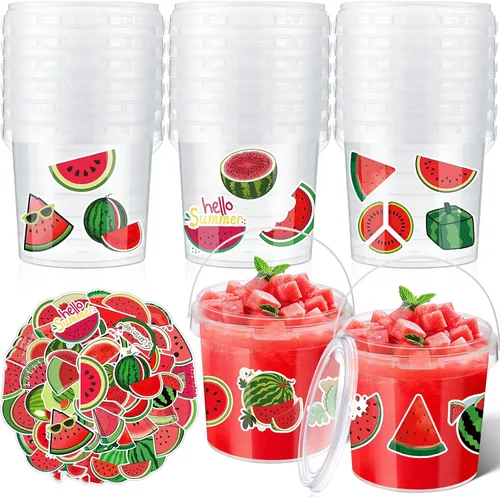 Miniatura 20 de PerKoop 20 cubos de helado de 32 onzas con tapas y asas, cubos transparentes de ron de cóctel con calcomanías, tina transparente de plástico