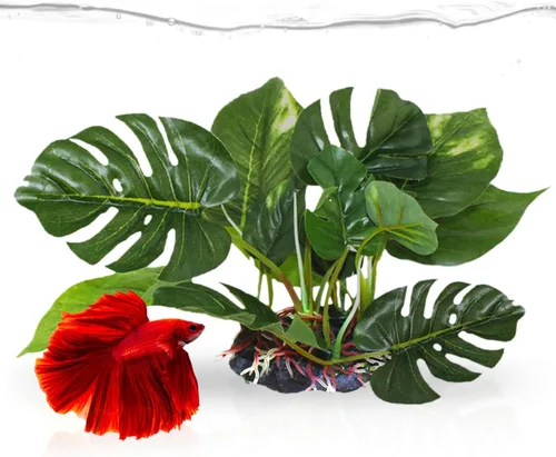 Miniatura 8 de SunGrow Planta de hojas de plástico, base de cerámica resistente, lugar para esconderse para peces, betta, pez ángel, peces dorados, rana, pitón