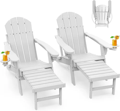 Miniatura 37 de GREENVINES Sillas Adirondack con Otomano Juego de 2 Grano de Madera Plegable Reposapiés Retráctil Plástico HDPE Silla para Hoguera Todo