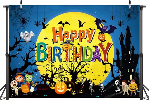 Miniatura 3 de Sensfun Telón de fondo de cumpleaños de Feliz Halloween, Luna Noche, Calabaza, Fondo de cumpleaños, Castillo Fantasma, Telón de fondo de Halloween