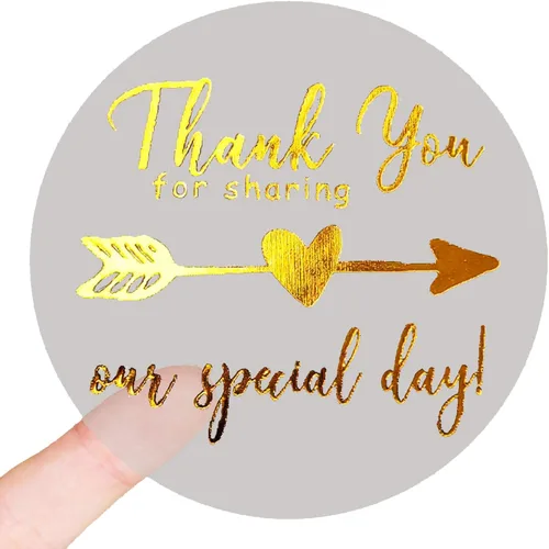 100 etiquetas de metal con texto en inglés "Thank You for Sharing Our Special Day", calcomanías transparentes en relieve de lámina dorada real,