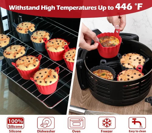 Miniatura 6 de Tazas para muffin de freidora de aire Webake con asa, moldes de silicona LFGB platino para hornear, picaduras de huevo, escalfador de huevos