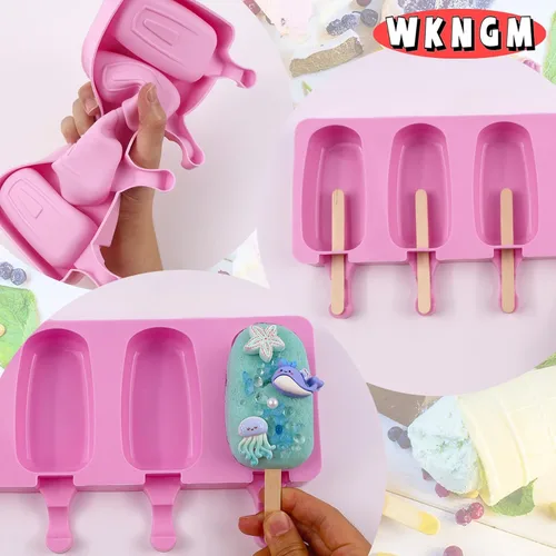 Miniatura 5 de 3 moldes de silicona grandes para paletas con tapas, 4 cavidades, moldes ovalados para barra de helado, moldes de silicona con 100 palos de madera