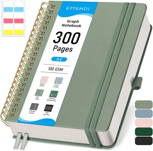Miniatura 9 de EMSHOI Cuaderno de Espiral con Puntos para Bullet Journal - 300 Páginas, Cuero de Tapa Dura A4, Cuaderno de Cuadrícula de Puntos Gruesos de 100 GSM