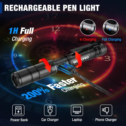 Miniatura 3 de WORKPRO Luz recargable para bolígrafo, mini linterna, paquete de 2 linternas EDC ultracompactas, linterna de bolsillo con clip, función de memoria