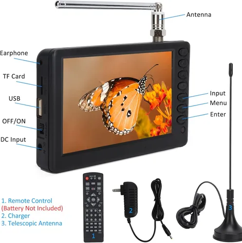 Miniatura 7 de Televisor digital portátil ATSC HD TFT LED - Mini TV de 5 pulgadas con control remoto, 1080P, batería recargable, soporte para tarjeta USB y TF, 5
