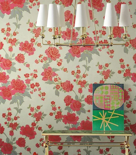 Miniatura 2 de J9175 - Papel tapiz floral para despegar y pegar de 17.7 pulgadas x 9.8 pies, color rojo/caqui, papel de contacto autoadhesivo extraíble