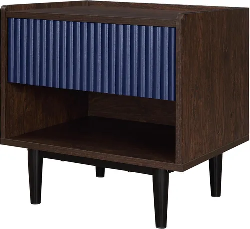 Miniatura 9 de Manhattan Comfort Duane Mesita de noche acanalada con cajón de extensión completa y estante abierto, patas de acero, mesita de noche, mesa de acento