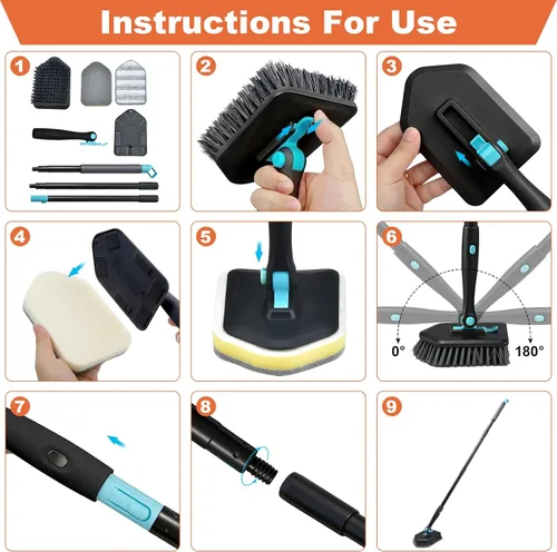 Miniatura 5 de Cepillo de limpieza de mango largo para ducha, cepillos de limpieza 3 en 1 con 3 cabezales de limpieza diferentes para limpieza de ducha, baño, Negro