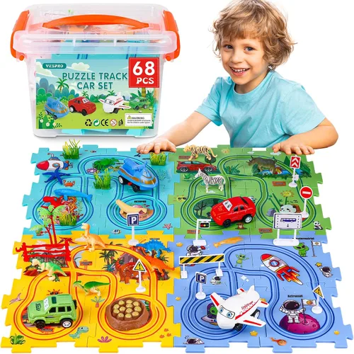 VESPRO Juego de pista de coche para niños pequeños de la serie 4, juego de pista de coche de 68 piezas para niños, juguetes educativos de Juego de