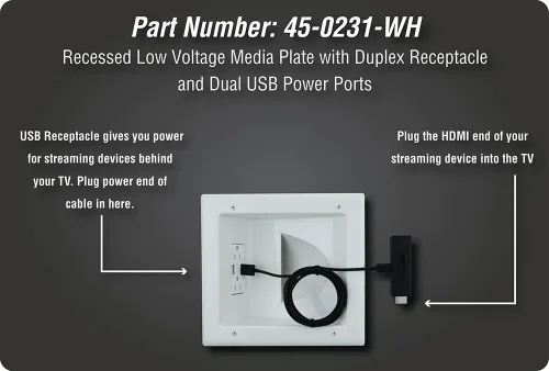 Miniatura 3 de DATA COMM Electronics 45-0231-WH - Caja de salida de medios empotrable USB, gestión de cables en la pared, receptáculo dúplex, puertos USB dobles
