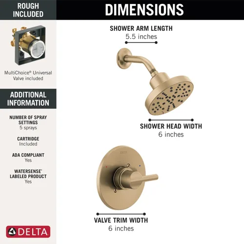 Miniatura 7 de Delta Faucet Nicoli Serie 14 Grifo de ducha de un solo mango con cabezal de ducha H2Okinetic de 5 ajustes, grifo de lavabo de baño generalizado