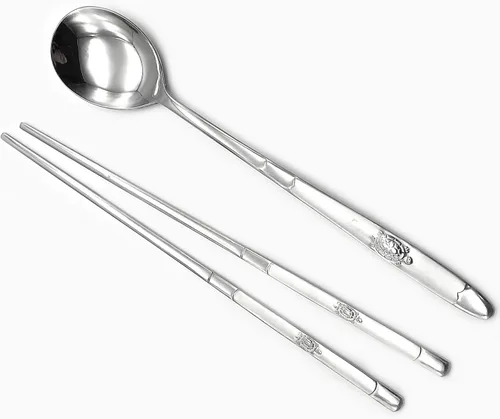 Miniatura 8 de SUPIA Cubertería tradicional coreana de acero inoxidable cucharas y palillos juego de vajilla con mano larga, reutilizable (tortuga plateada)
