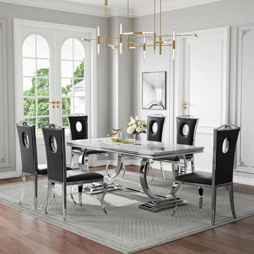 Miniatura 39 de Juego de mesa de comedor de mármol de 70 pulgadas para 6, mesa de cocina grande y sillas de cuero negro, mesas de comedor modernas negras y doradas