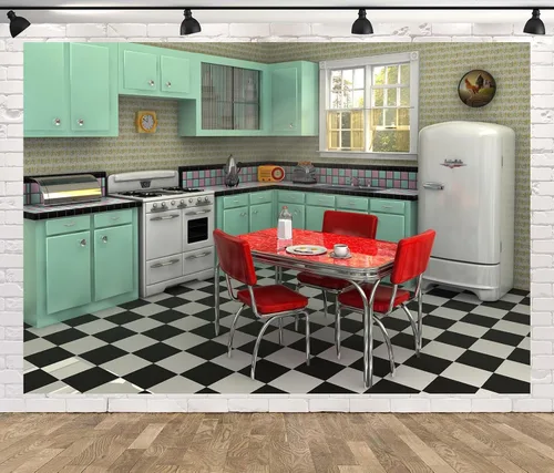 Telón de fondo retro de tela de 5 x 3 pies para fotografía interior, cocina, comedor, escena, fondo de los años 50, decoración de cumpleaños,