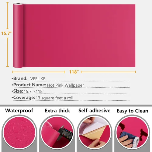 Miniatura 9 de VEELIKE Papel tapiz rosa magenta para pegar y despegar, papel de contacto rosa para escritorio, armarios, cajones, paredes, 15.7 x 118 pulgadas