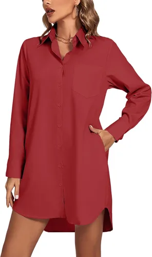 Miniatura 22 de LYANER Vestido camisero para mujer con cuello en V, botones, manga larga y dobladillo curvado