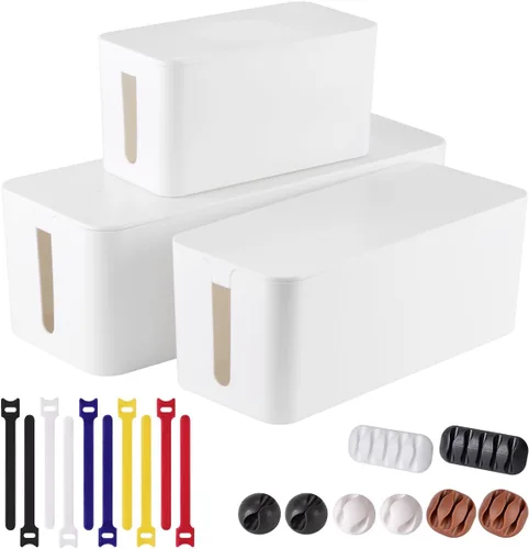 Paquete de 3 cajas de organización de cables con 18 piezas de organización de cables, caja organizadora de cables grande, mediana y pequeña para