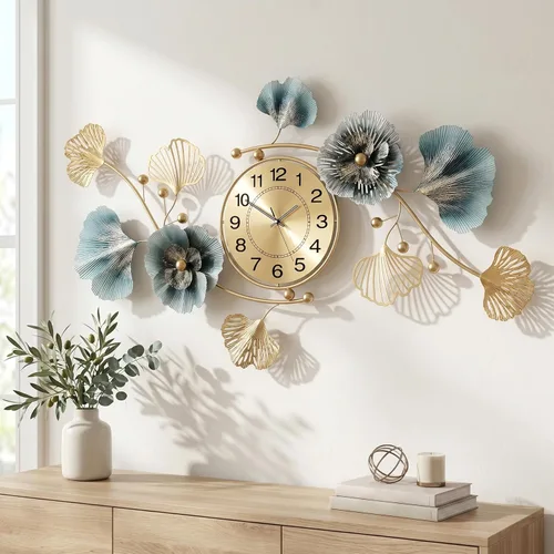 Miniatura 12 de Relojes de pared para decoración de sala de estar, reloj de pared grande, diseño creativo 3D de hoja de ginkgo de metal, con movimiento silencioso