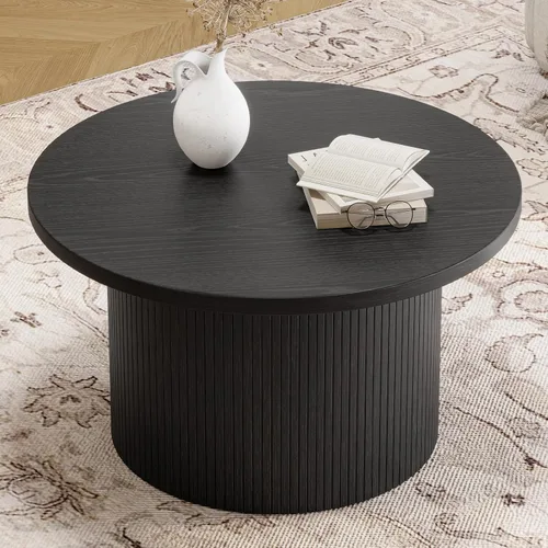 Miniatura 4 de ONBRILL Mesa de centro redonda de 31.5 pulgadas, mesas de centro con diseño de tambor para sala de estar, mesa de centro de madera moderna de Negro