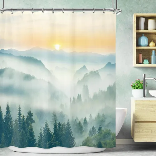Miniatura 23 de Riyidecor - Cortina de ducha para baño pequeño de montaña, 36 pulgadas de ancho x 72 pulgadas de alto, verde, para RV, temática rústica, naturaleza