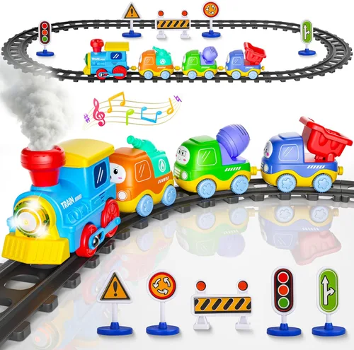 Juego de Tren de Vapor Funwee para Niños Pequeños, Juguetes de Tren con Conexión Magnética y Luces y Sonidos, Tren Eléctrico de Dibujos Animados