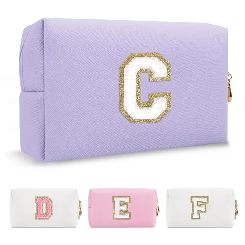 Miniatura 173 de Pequeña bolsa de maquillaje personalizada con inicial A-Z Preppy Patch, bolsa de cosméticos de viaje de felpilla blanca con cremallera, bonita bolsa