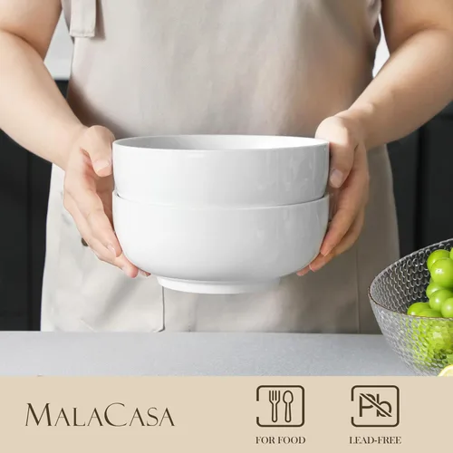 Miniatura 3 de MALACASA Juego de Tazones para Ensalada, 44 OZ (7") Tazones Grandes para Sopa Tazones para Cereal para Cocina, Juego de Tazones de Cerámica Blanca