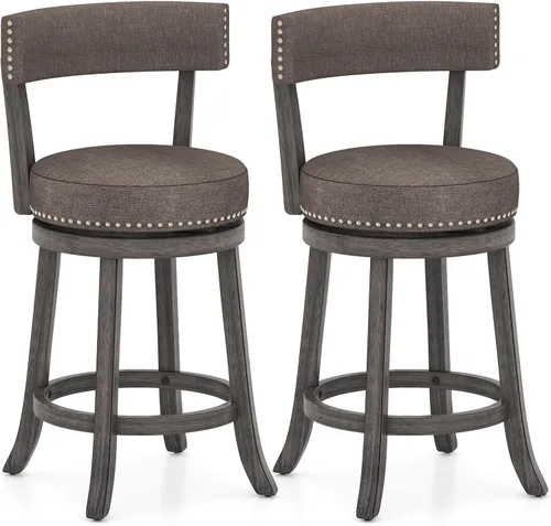 Miniatura 14 de COSTWAY Taburete de bar giratorio de 27 pulgadas, con respaldo acolchado y patas de madera de goma, silla de desayuno para isla de cocina