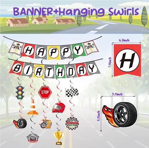 Miniatura 3 de Decoración de fiesta de cumpleaños de coche de carreras, globos de automóvil de carreras con flecos de aluminio a cuadros, telón de fondo