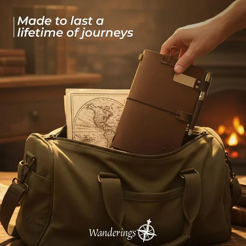 Miniatura 6 de WANDERINGS Cuaderno A5 Travelers hecho a mano, de cuero auténtico, 6 x 8.5 pulgadas, diario de viaje recargable con soporte para bolígrafo