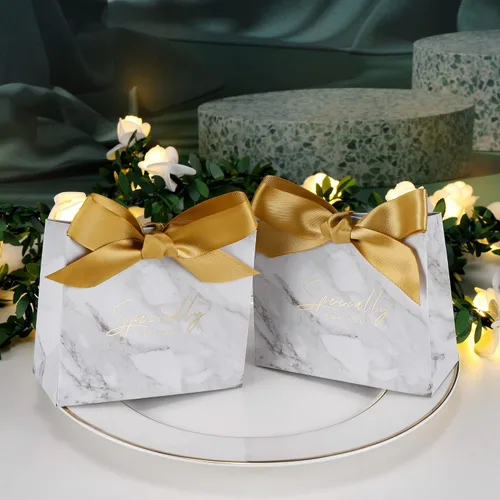 Miniatura 7 de Yoption 50 cajas de regalo de boda, pequeñas bolsas de regalo de agradecimiento, cajas de dulces con lazo dorado, boda, despedida de soltera, fiesta
