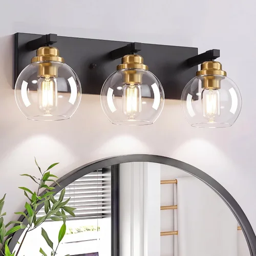 Miniatura 13 de LmnLvn Lámparas de baño, 3 luces de tocador de color negro mate, modernas lámparas de baño sobre espejo, luces de tocador de granja con pantalla