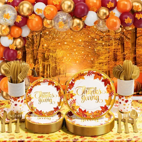Decoraciones para fiesta de Acción de Gracias: 291 piezas de suministros de fiesta de cumpleaños de otoño juego de vajilla desechable (25 invitados)