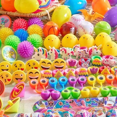Miniatura 6 de JOYIN 200 huevos de Pascua precargados con juguetes surtidos y calcomanías en el interior, huevos de Pascua rellenos para niños, rellenos