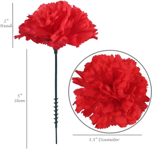 Miniatura 9 de Larksilk Púas de Clavel de Seda Roja de Tacto Real - 100 Unidades a Granel de Flores Artificiales para Bodas, Decoración DIY - Cabezas de 3.5", Rojo