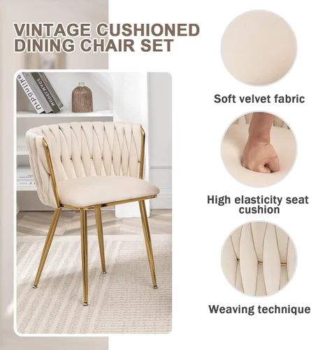 Miniatura 5 de ECHINGLE Juego de 2 sillas de comedor de terciopelo, modernas sillas de comedor tejidas tapizadas con patas de metal dorado, sillas decorativas
