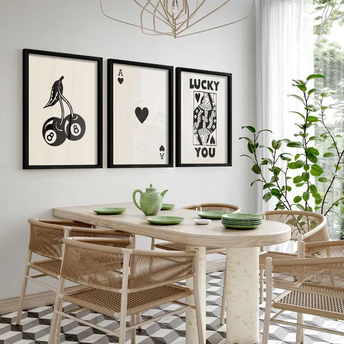 Miniatura 6 de Heiple Juego de 3 carteles enmarcados de póquer para pared, diseño retro de moda, decoración de pared para reina de corazones, arte de pared Negro