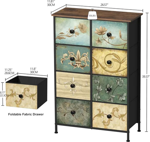 Miniatura 3 de Tohomeor Cómoda de Almacenamiento Estrecha Cómoda Delgada con Cajones de Tela de Flores Retro Gabinete Vertical Delgado para Espacios Pequeños