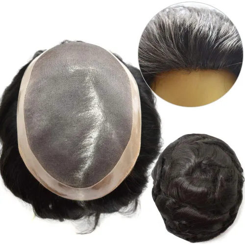 Miniatura 19 de Peluca de cabello humano monofilamento fino para hombre tipo tupé de polietileno alrededor del sistema de cabello, peluca duradera de monofilamento