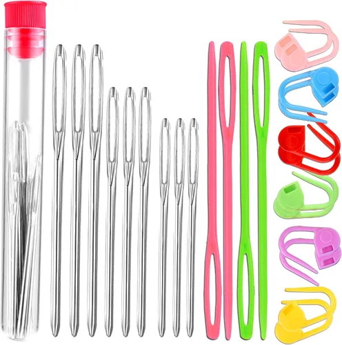 Kits de 26 piezas de tejer de costura, 9 agujas de hilo romo de ojos grandes, 4 agujas de tejido de plástico, 12 agujas de punto coloridas de