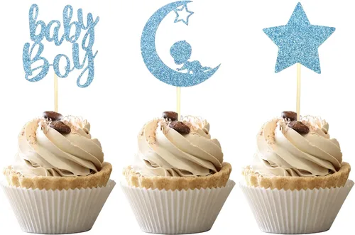 Miniatura 16 de 24 piezas de adornos para cupcakes para bebé niño con purpurina luna, estrella, baby shower, revelación de género, cupcakes para celebrar cumpleaños